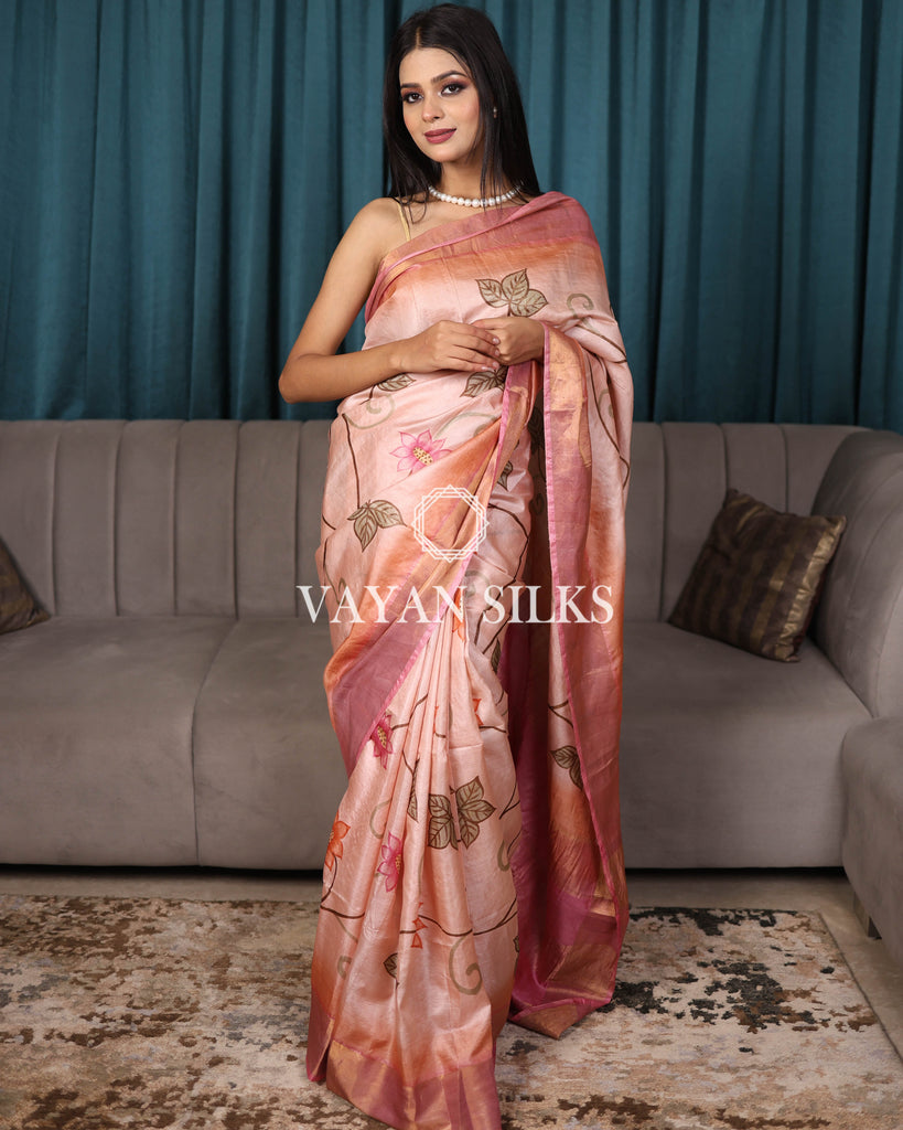 Peach Pink Hand Painted Pure Tussar Silk Saree