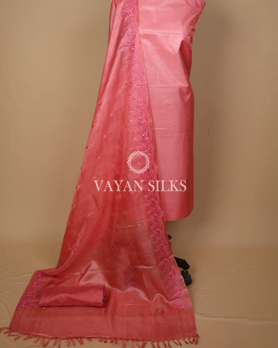 Peach Embroidered Pure Tussar Silk Unstitched Suit Set