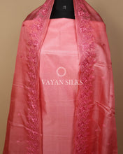 Load image into Gallery viewer, Peach Embroidered Pure Tussar Silk Unstitched Suit Set