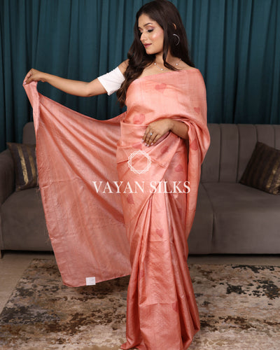 Peach Printed Pure Tussar Silk Saree
