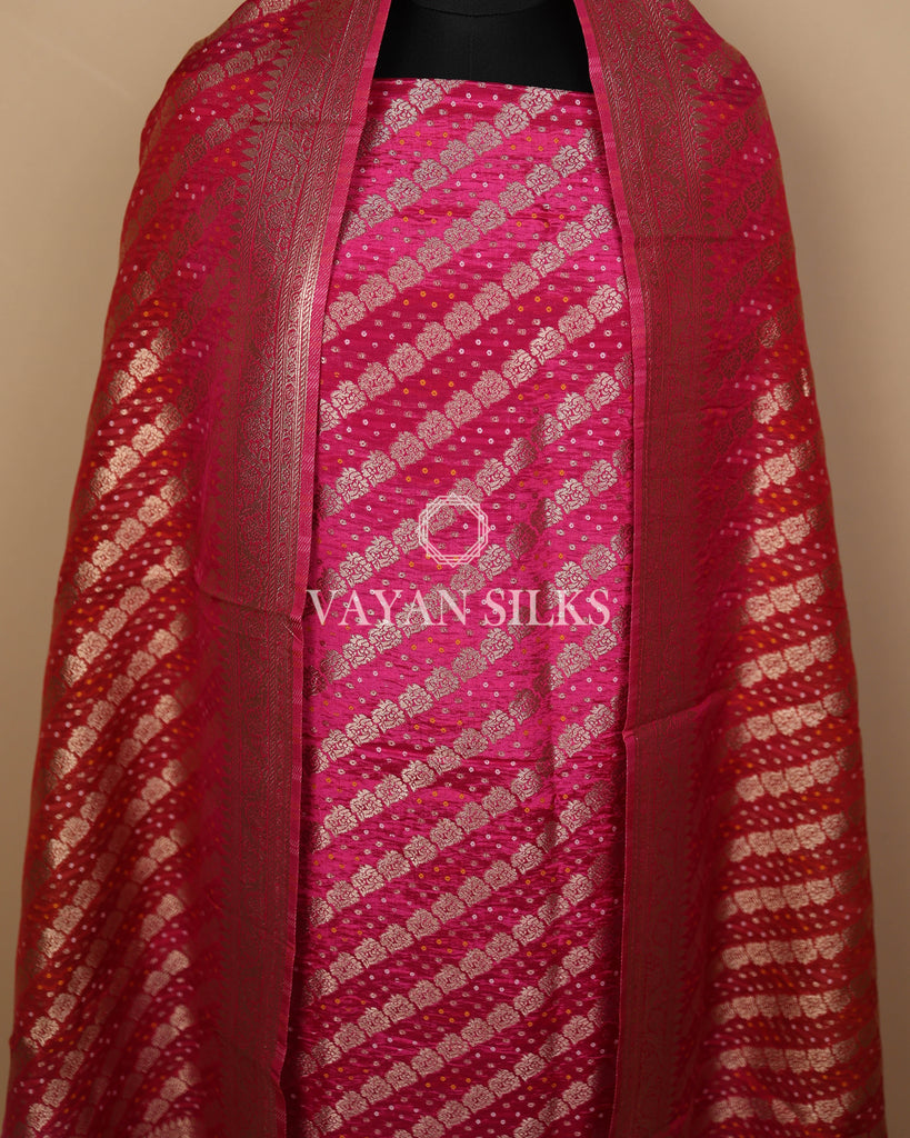 Pink Banarasi  Georgette Bandhej Silk Unstitched Suit Set