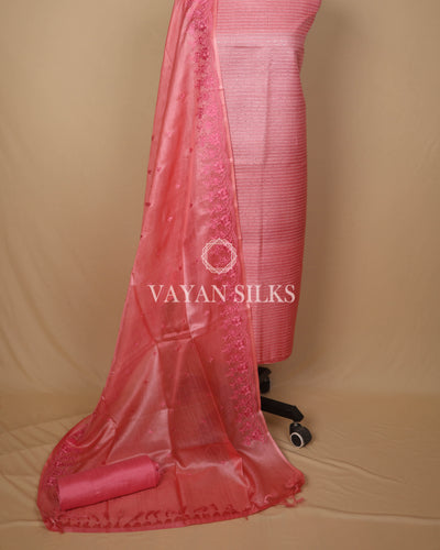 Pink Peach Embroidered Pure Tussar Silk Unstitched Suit Set