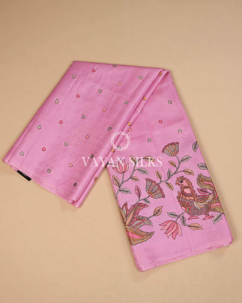 Pink Embroidered Pure Tussar Silk Saree
