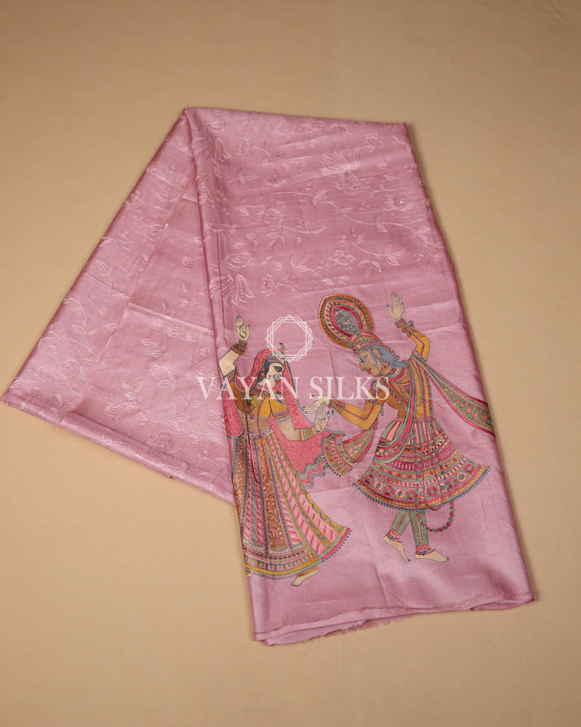Pink Embroidered Pure Tussar Silk Saree