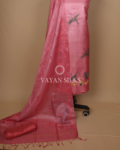 Pink Embroidered Pure Tussar Silk Unstitched Suit Set