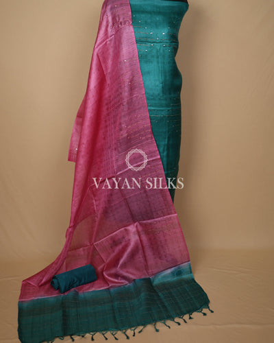 Pink Turquoise Green Handwoven Pure Tussar Silk Unstitched Suit Set