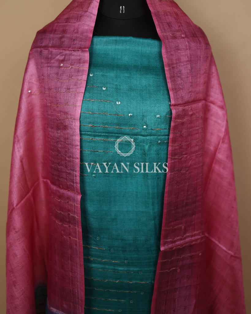 Pink Turquoise Green Handwoven Pure Tussar Silk Unstitched Suit Set