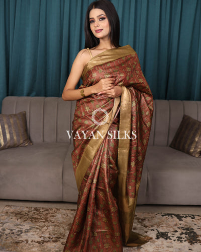 Rust Brown Printed Pure Tussar Silk Saree