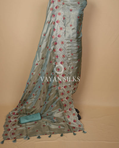 Sage Green Banarasi Shimmer Tissue Silk Unstitched Suit Set