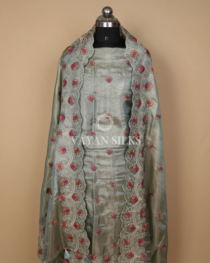 Sage Green Banarasi Shimmer Tissue Silk Unstitched Suit Set