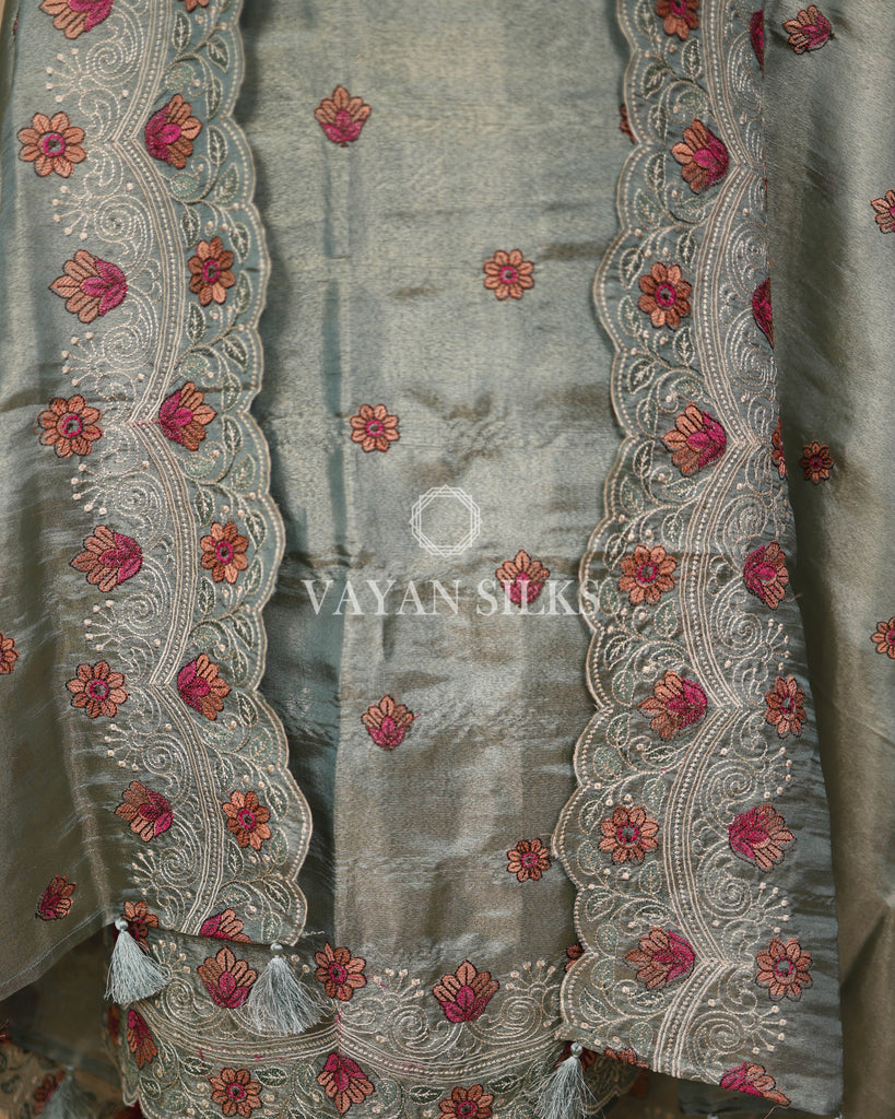 Sage Green Banarasi Shimmer Tissue Silk Unstitched Suit Set