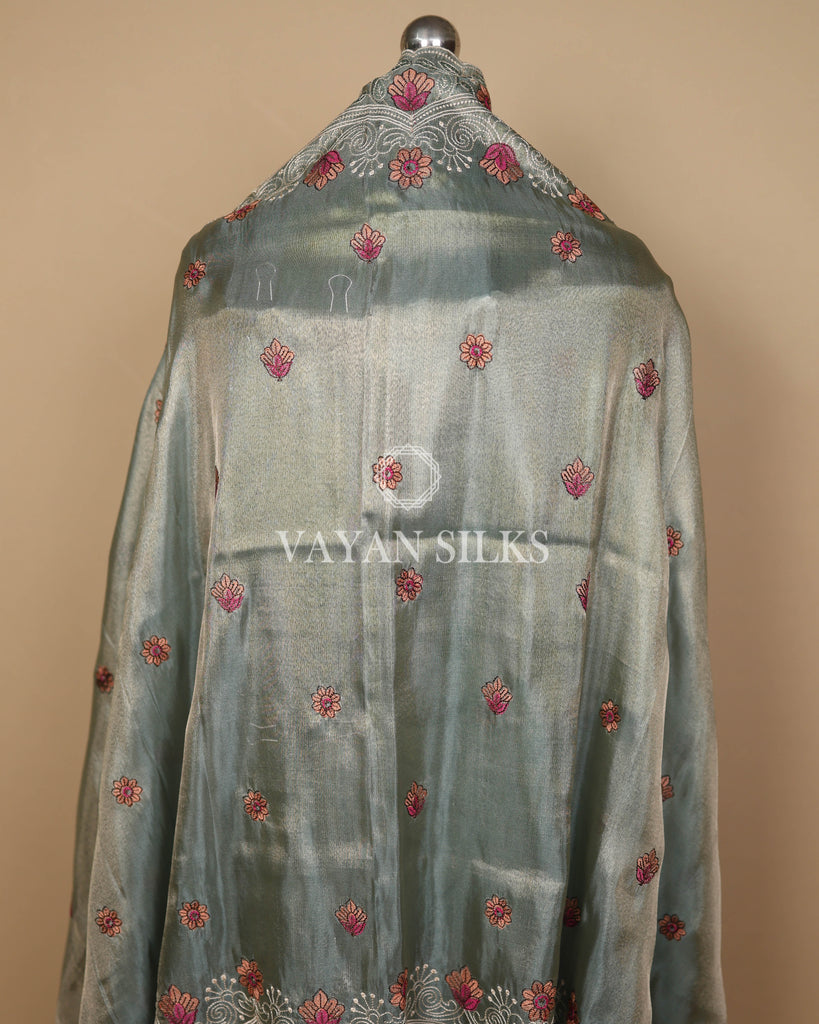 Sage Green Banarasi Shimmer Tissue Silk Unstitched Suit Set