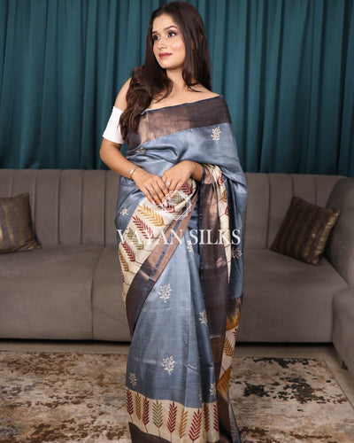 Slate Grey Printed Pure Tussar Silk Saree