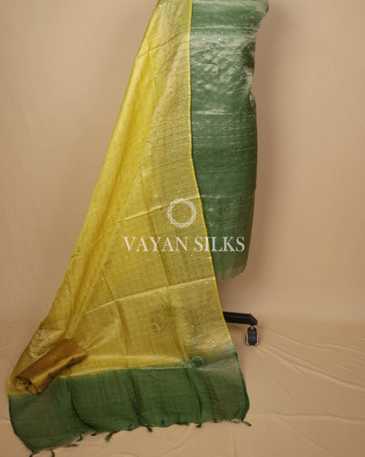 Yellow Olive Green Handwoven Pure Tussar Silk Unstitched Suit Set