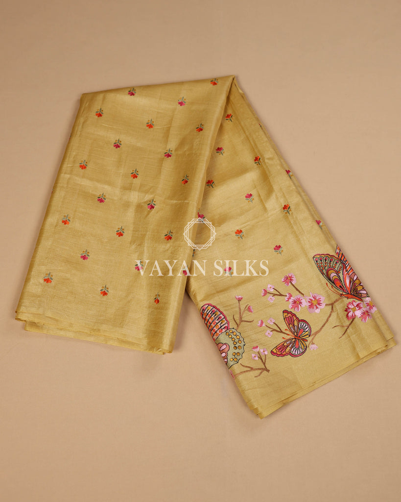 Yellow Embroidered Pure Tussar Silk Saree