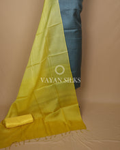 Load image into Gallery viewer, Yellow Teal Blue Handwoven Pure Tussar Silk Unstitched Suit Set