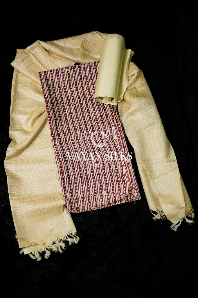 Cream Magenta Tussar Silk Unstitched Salwar Suit