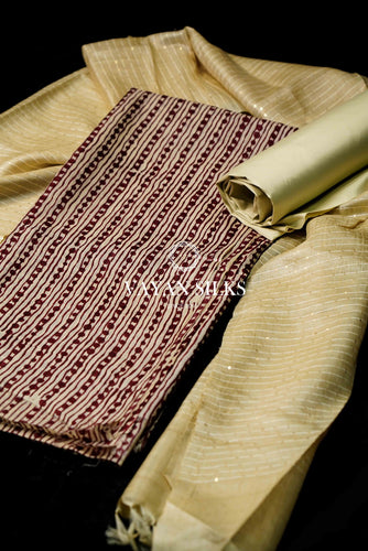 Cream Magenta Tussar Silk Unstitched Salwar Suit