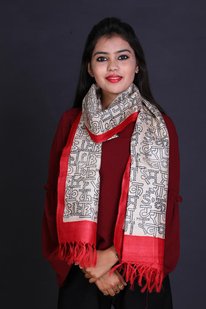 Off White Red Color Tussar Silk Printed Stole