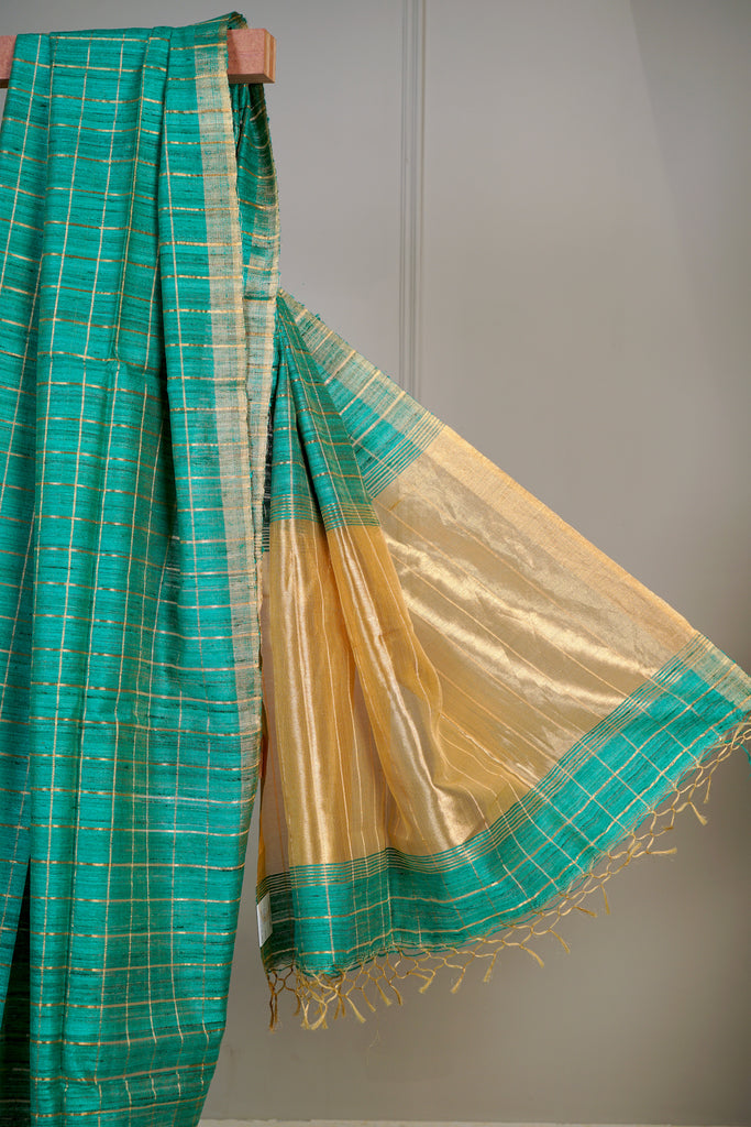Green Gold Color Dupion Silk Hand Woven Saree