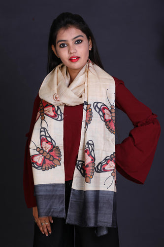 Multi Color Tussar Silk Printed Stole