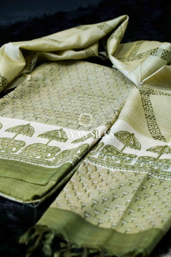 Cream Green Tussar Silk Unstitched Salwar Suit