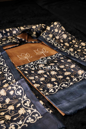 Charcoal Brown Tussar Silk Unstitched Salwar Suit