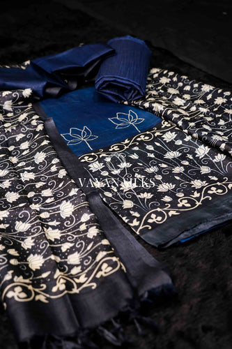 Charcoal Blue Tussar Silk Unstitched Salwar Suit