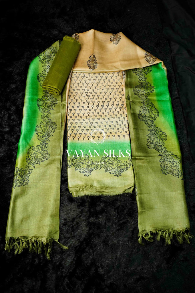 Cream Green Tussar Silk Unstitched Salwar Suit
