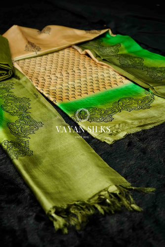 Cream Green Tussar Silk Unstitched Salwar Suit