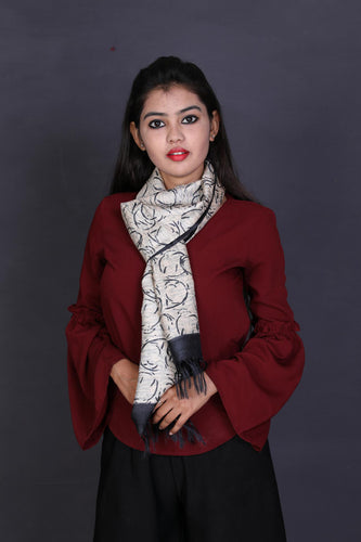 White Black Color Tussar Silk Printed Stole