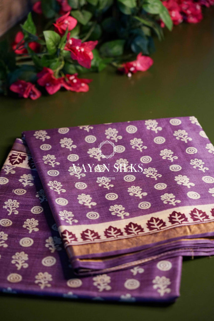 Purple Printed Tussar Silk saree