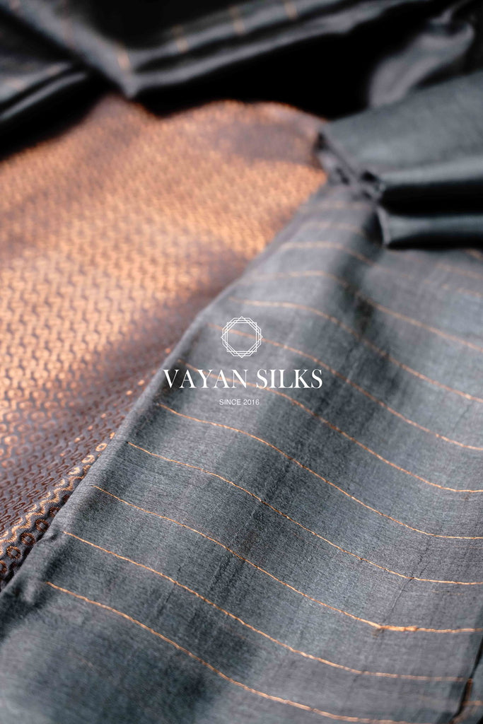 Steel Grey Tussar Silk Unstitched Salwar Suit - Metallic Copper Collection