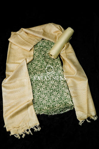 Cream Green Tussar Silk Unstitched Salwar Suit