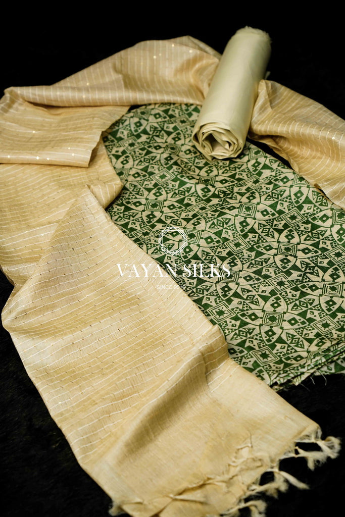Cream Green Tussar Silk Unstitched Salwar Suit