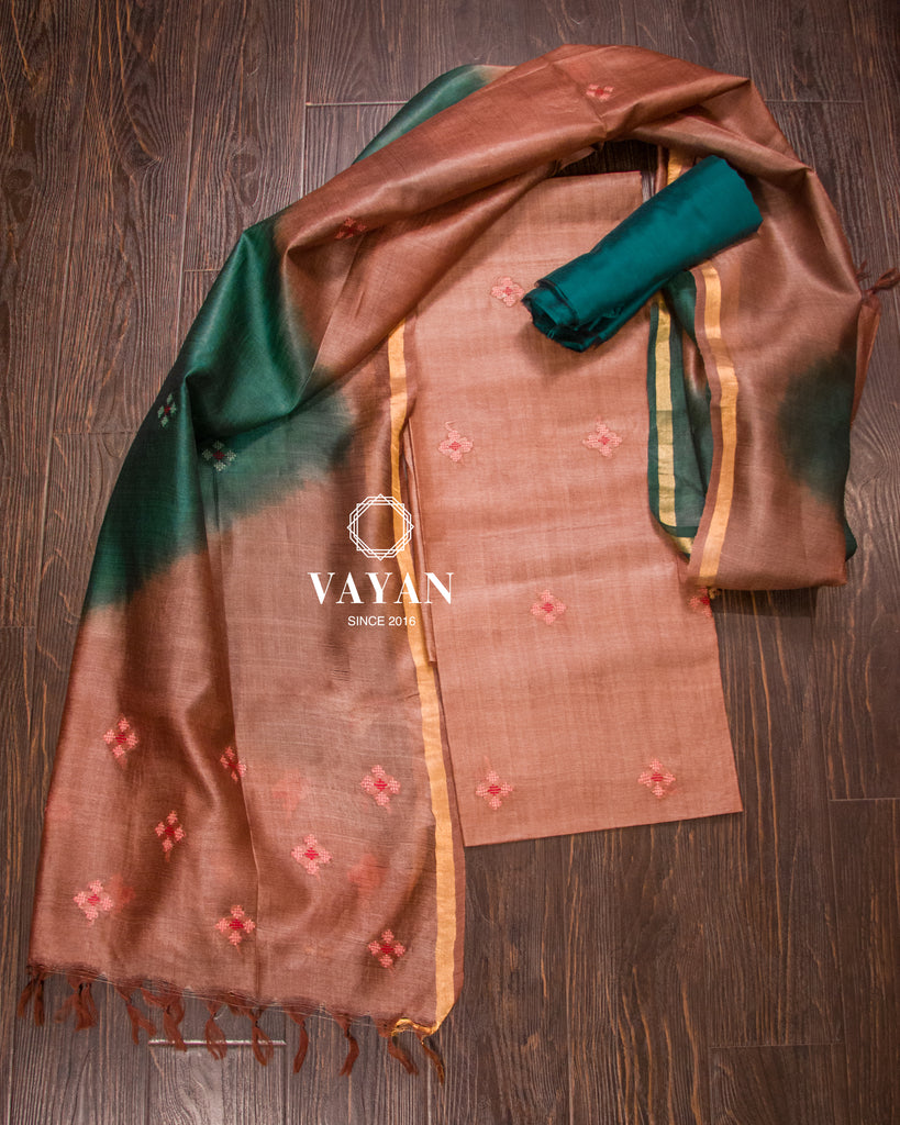 Brown Green Tussar Suit Set