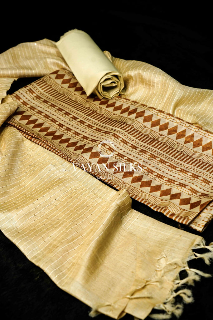 Cream Gold Tussar Silk Unstitched Salwar Suit