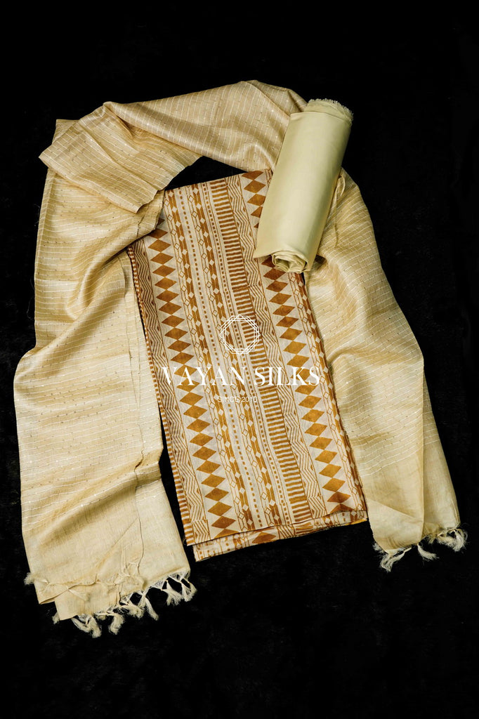 Cream Gold Tussar Silk Unstitched Salwar Suit