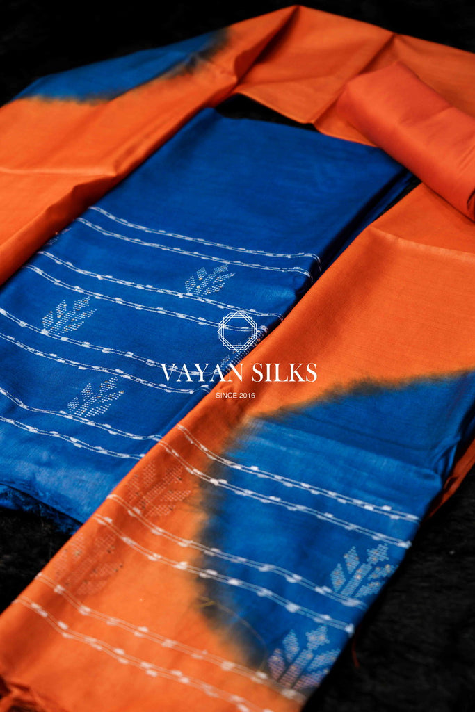 Blue Orange Tussar Silk Unstitched Salwar Set
