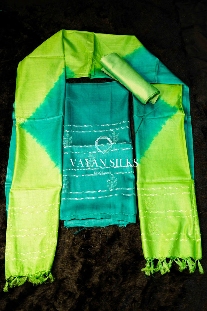 Green Tussar Silk Unstitched Salwar Set