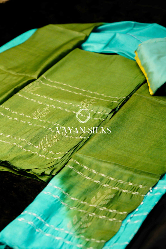 Green Blue Tussar Silk Unstitched Salwar Set