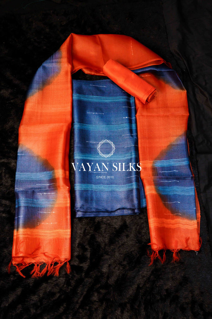 Blue Orange Tussar Silk Unstitched Salwar Set