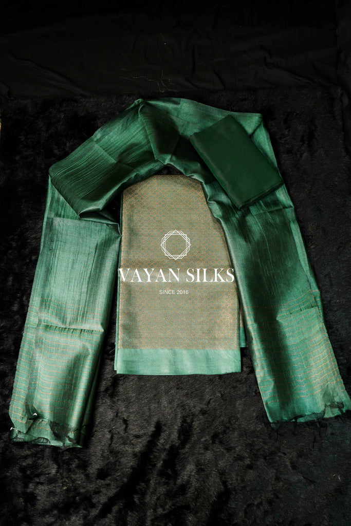 Emerald Green Tussar Silk Unstitched Salwar Suit - Metallic Copper Collection