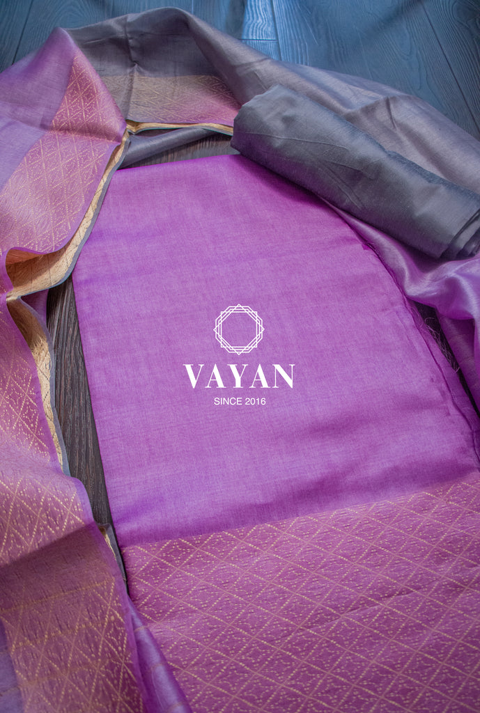 Grey Purple Tussar Silk Suit Set