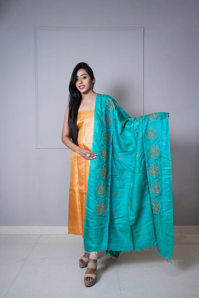 Mustard Greenish Blue Color Embroidered Suit Set