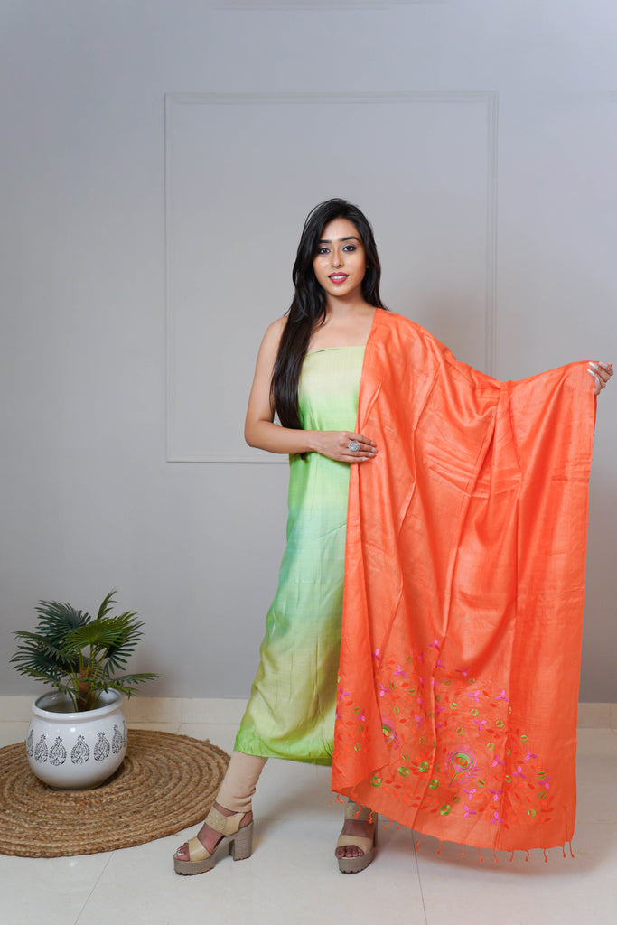 Green Orange Color Embroidered Suit Set