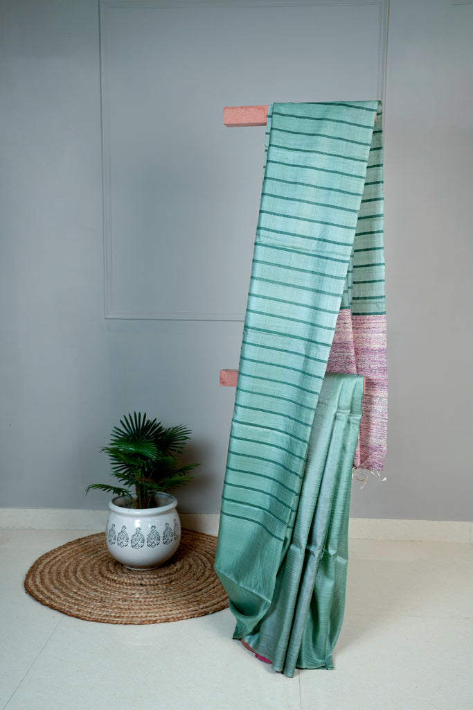 Green Color Tussar Silk Hand Woven Saree