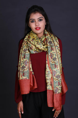 Yellow Multi Color Tussar Silk Printed Stole