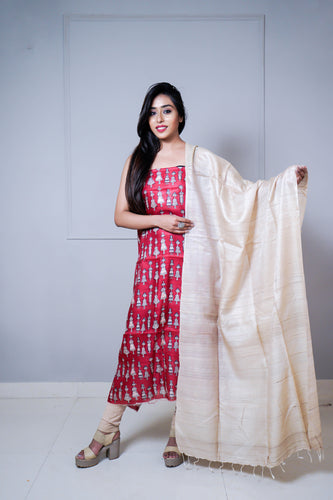 Red Beige Color Printed Suit Set