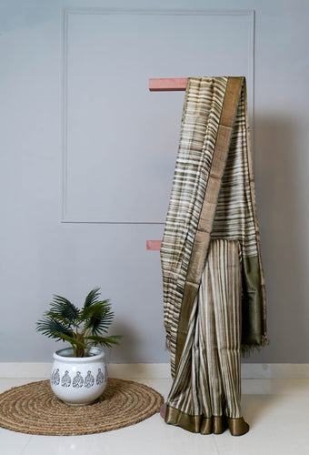 Beige Green Color Tussar Silk Printed Saree